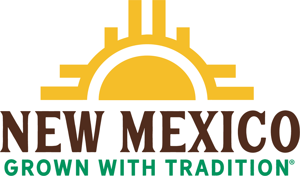 A yellow Zia symbol with ‘New Mexico’ written in brown text and ‘Grown with Tradition’ written in green text in front 