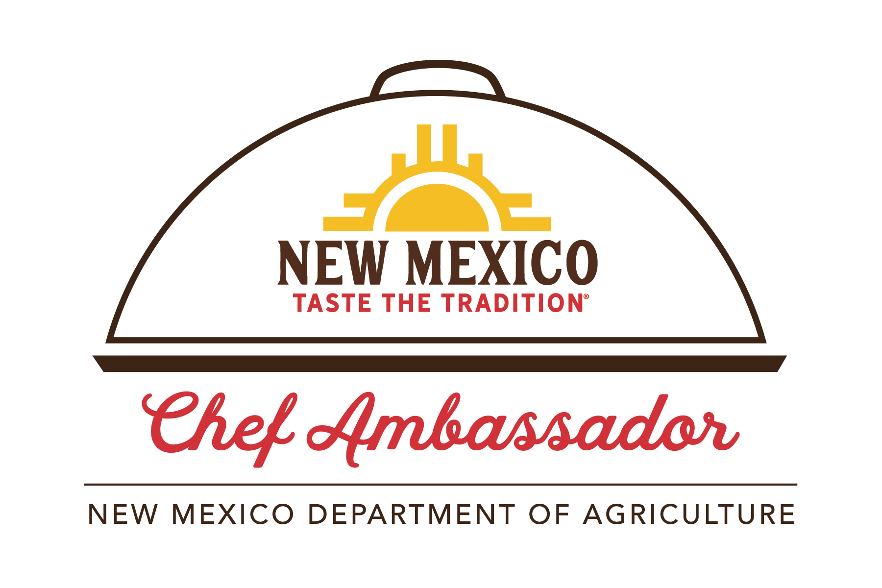 Logo for the New Mexico—Taste the Tradition Chef Ambassador Program, featuring “Chef Ambassador” in cursive red text, NEW MEXICO DEPARTMENT OF AGRICULTURE in all caps brown text and a food plate with a dome-shaped cover in a brown outline.