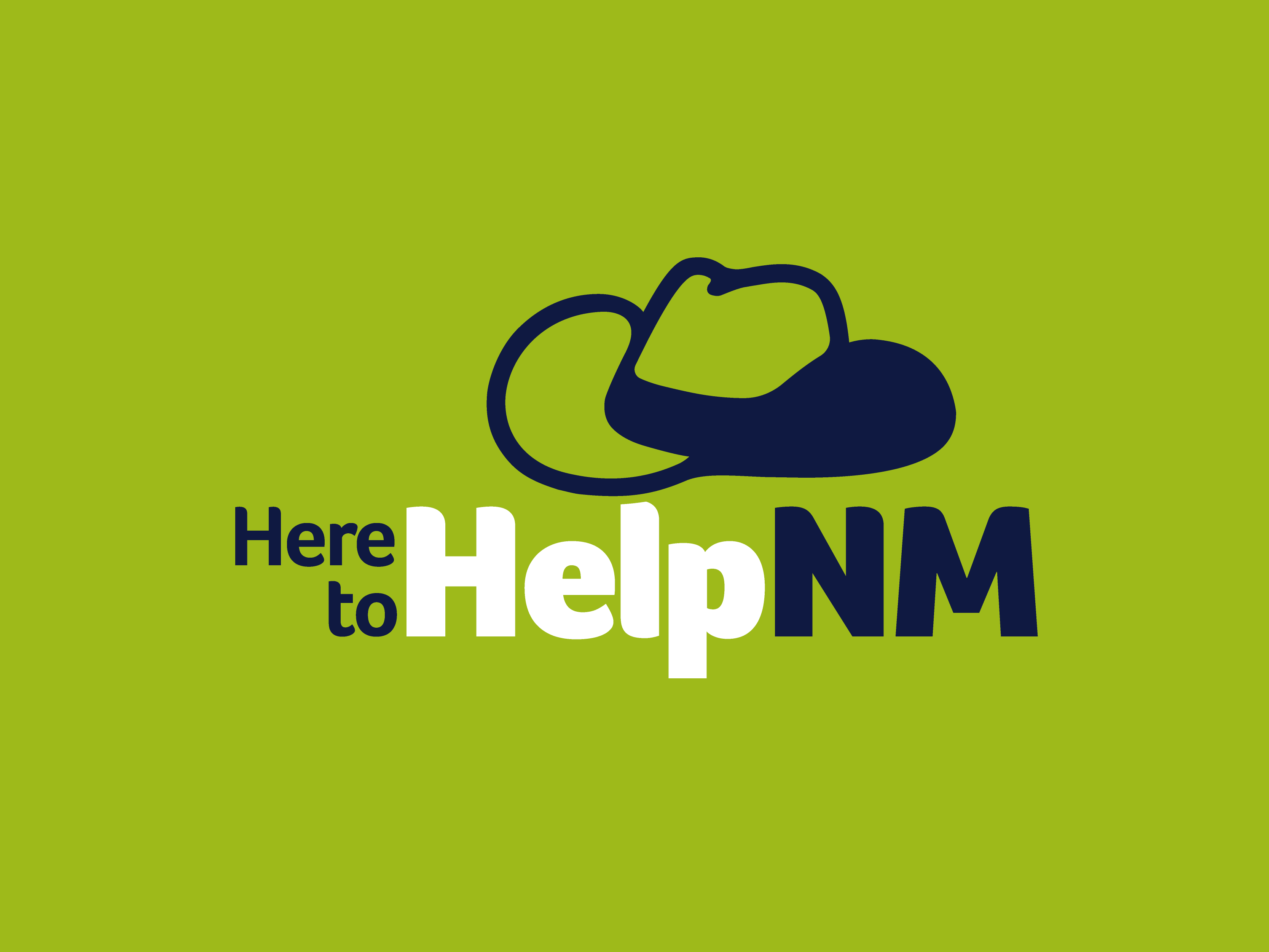 Un logotipo verde que incluye el texto “Aquí para ayudar a NM” y una imagen de un sombrero de vaquero.