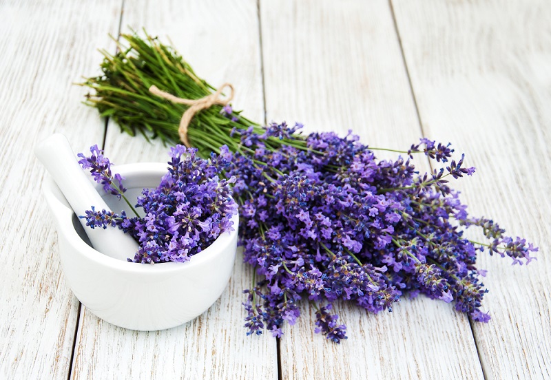 A bundle of purple lavender with long green stems tied with tan yarn sits on a light-brown table. Next to the lavender bundle is a white mortar and pestle with lavender leaves.