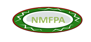 The letters NMFPA in green font, encircled with a thick green horizontal oval containing five white jagged lines, with a red border around the thick green oval.