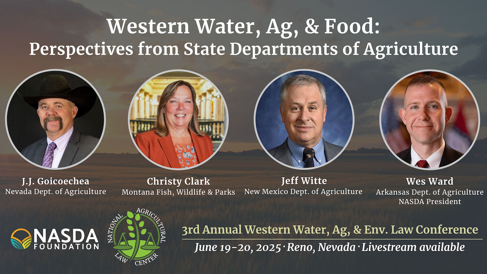 Logo of the NASDA Foundation alongside a promotional graphic for the 3rd Annual Western Water, Ag, & Env. Law Conference featuring speakers J.J. Goicoechea, Christy Clark, Jeff Witte, and Wes Ward.