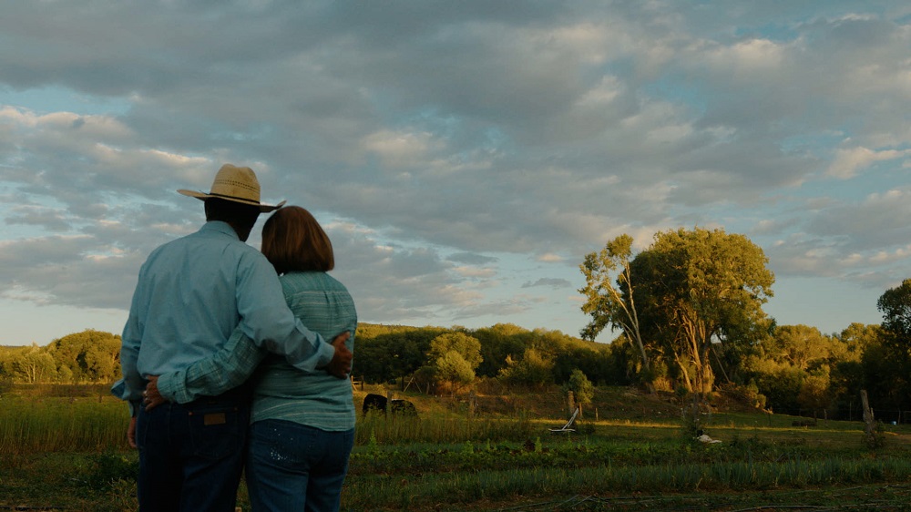 A man and woman admire the setting sun on their farm. 