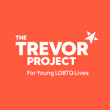 orange square with white letters that say the Trevor Project for young L G B T Q Lives