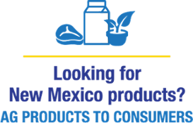 A black background with the words, Looking for New Mexico Products in yellow. Below is a white background with the words Ag Products to Consume in red with illustrations of a plant, meat, and milk box. A Yellow bar separates the black and white background.