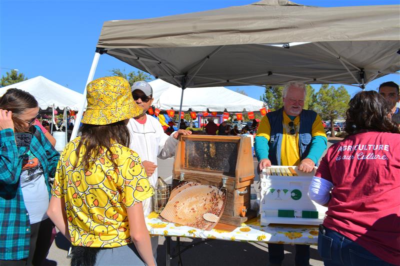A beekeeper interacts with customers while showcasing a honeycomb and beekeeping equipment.