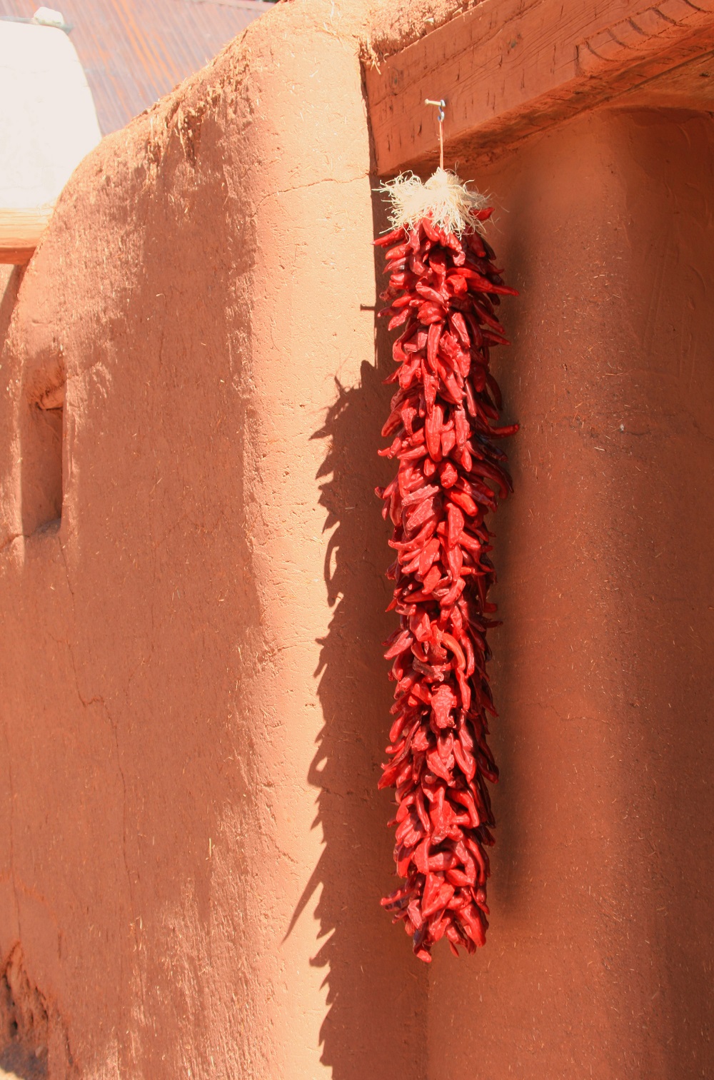 A chile ristra hanging from a hacienda. 