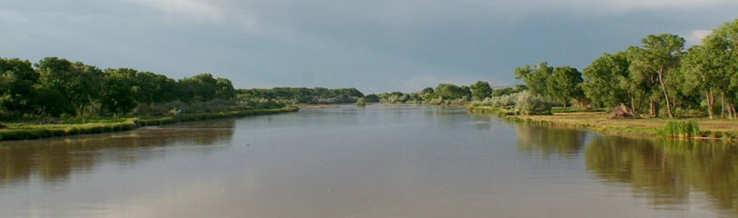 river stretching between two pieces of land with full green trees along the bank. 